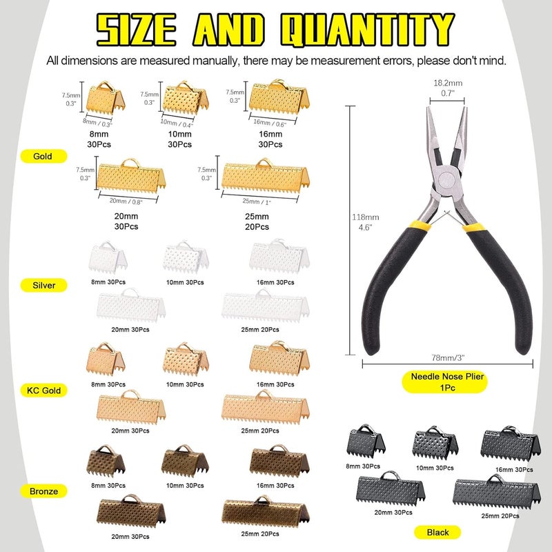 Mardatt 701 Pcs Ribbon Bracelet with Pliers Kit 24 Type Iron Fold Over Bookmark Pinch Crimp Ends Leather Clamps Jewelry Making Findings for Bookmark Pinch Bracelet Choker Necklace - Image 2